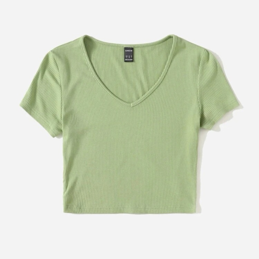 Green V Neck Rib Knit Tee
